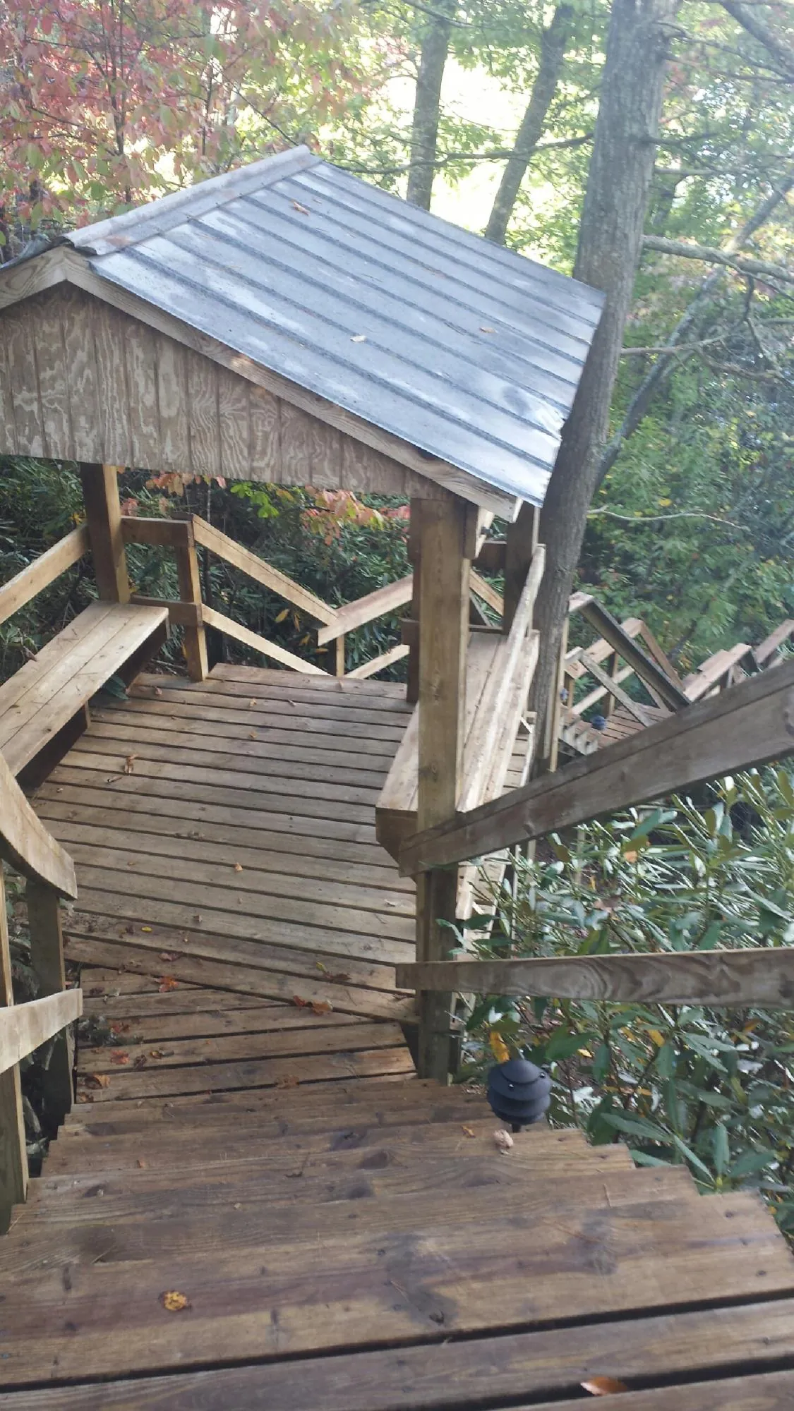 Metal roofed shelter over wooden steps on a wooded walkway — Skylight Repair & Installation work by our crew in Machipongo